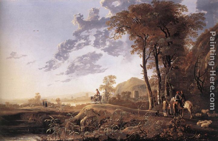 Evening Landscape with Horsemen and Shepherds painting - Aelbert Cuyp Evening Landscape with Horsemen and Shepherds art painting